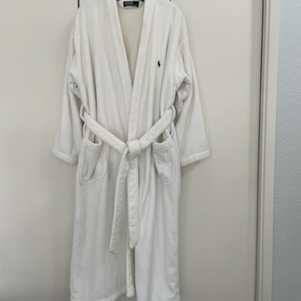 Polo Ralph Lauren White Terry Cloth Bath Robe Blue Pony, 100% Cotton